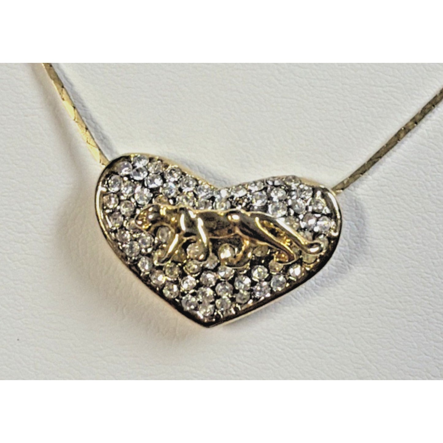 Vintage Gold Tone Rhinestone Pave Heart Slide Pendant Necklace Panther Cat As Is