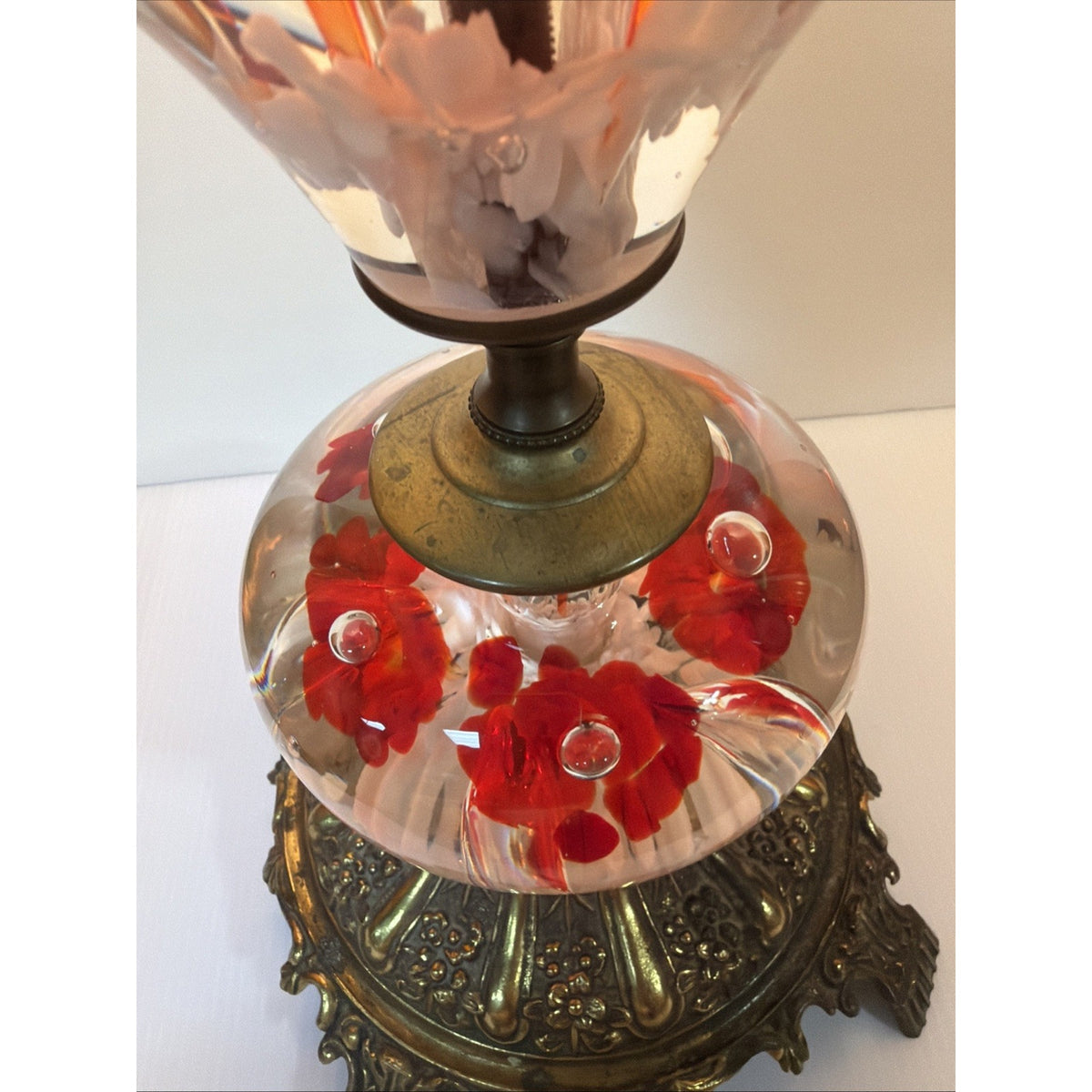 Vtg Clair Joe Rice Art Glass Red Trumpet Flower Lamp Paperweight Ornate L&L WMC