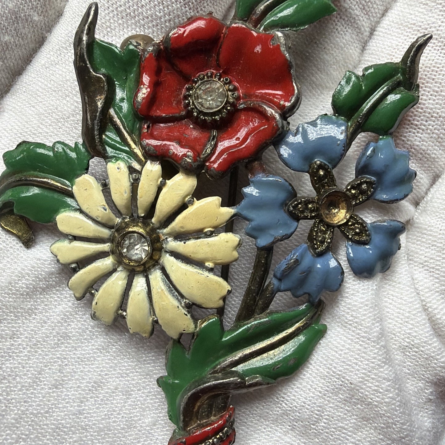 Art Deco Enamel Flower Brooch Bouquet Brass Vial Rhinestone Pot Metal As Is