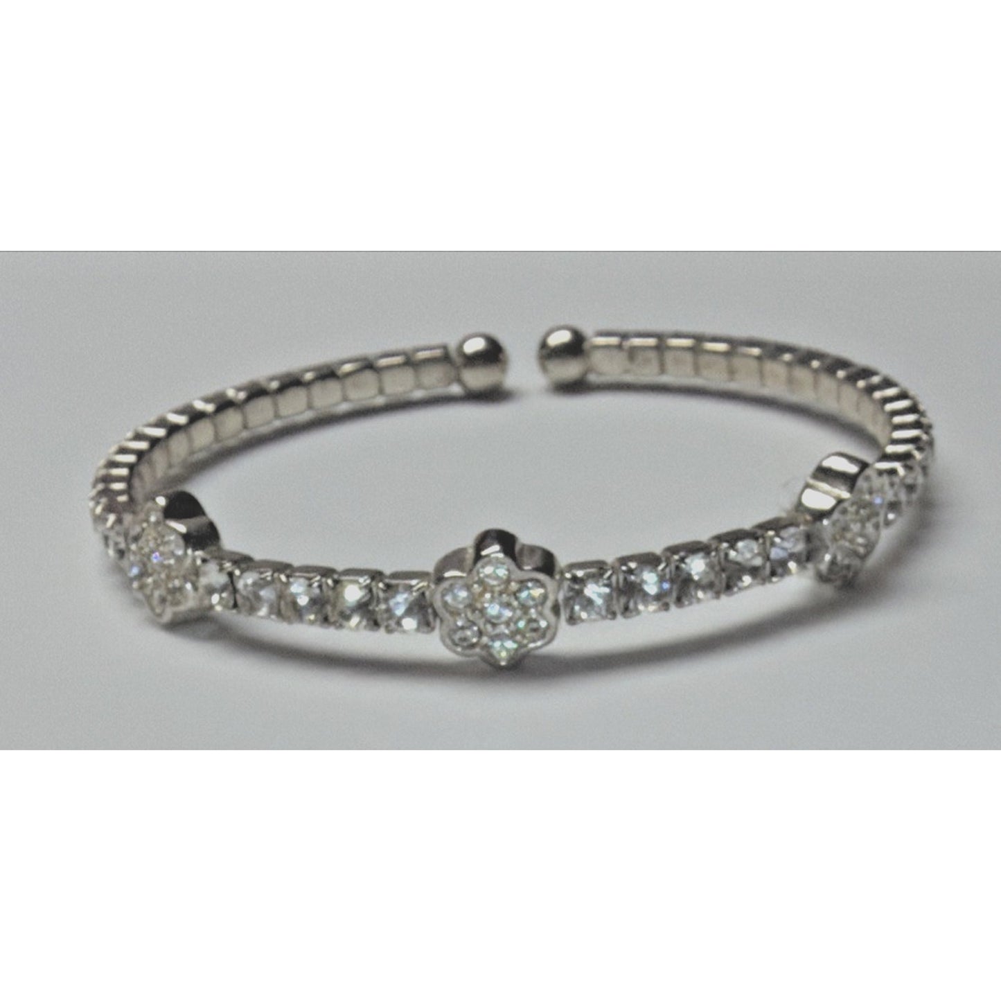 Vintage Clear Rhinestone Silver Cuff Bracelet Flower Clover