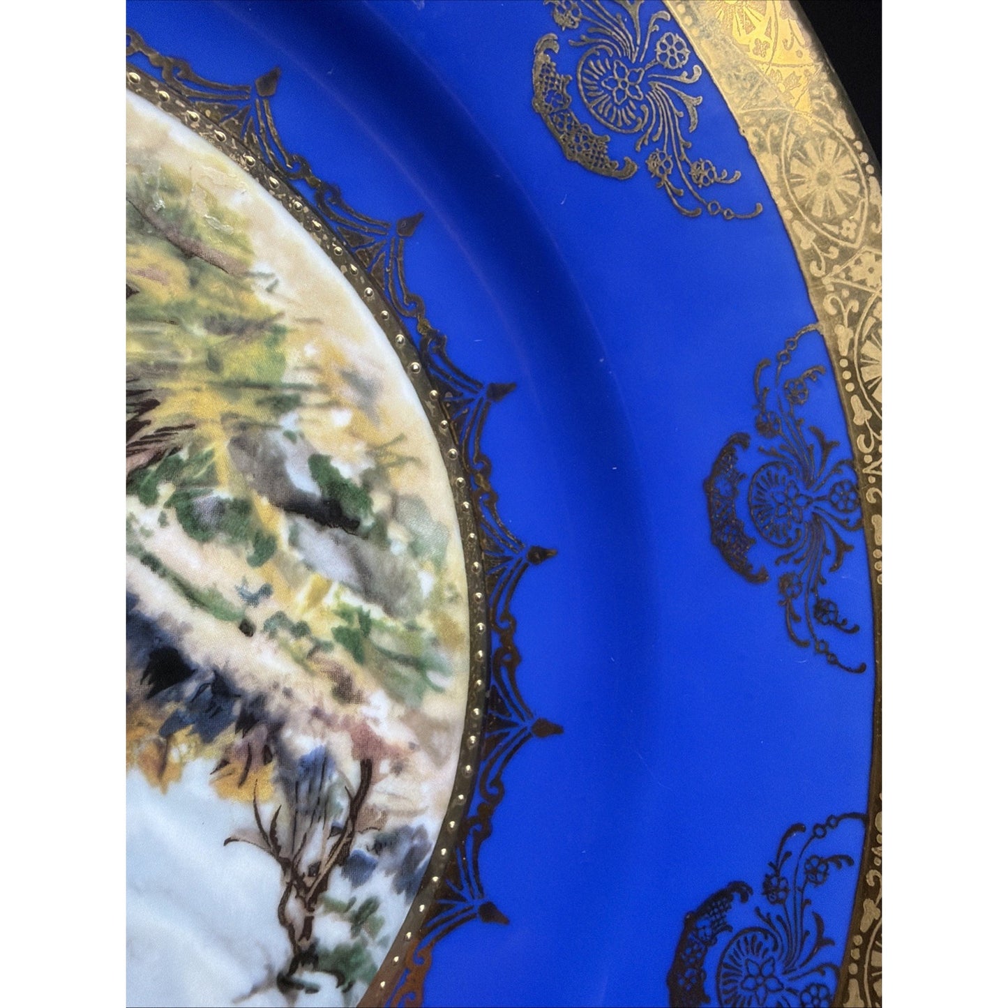 Vintage STW Bavaria Cobalt Blue Game Plate Gold Ornate Elk