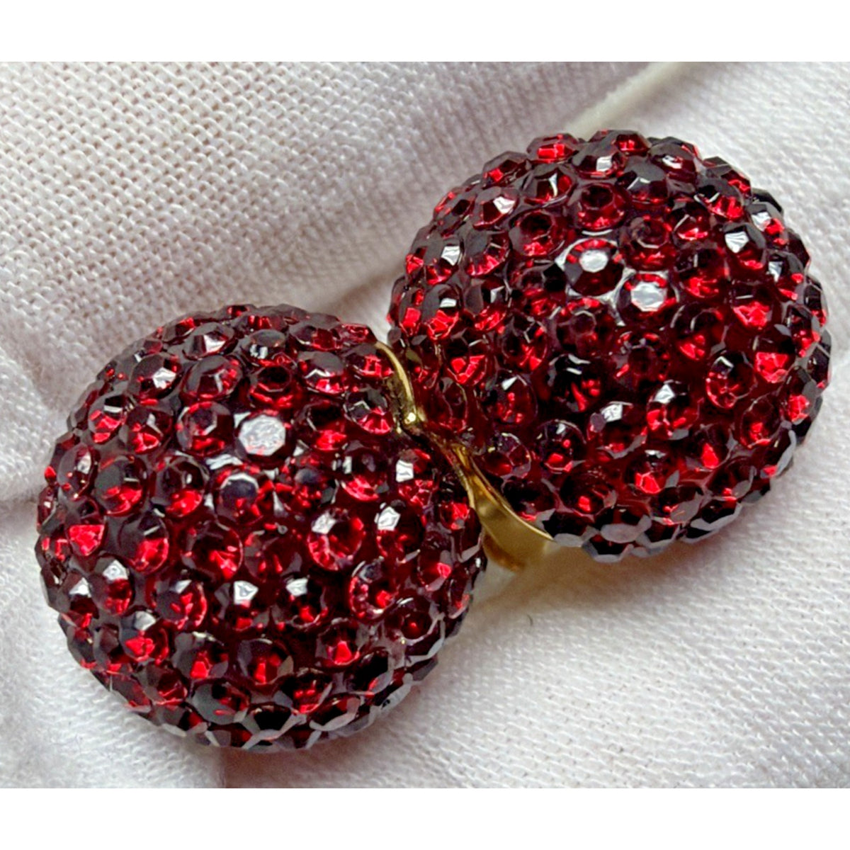J Crew Pave Crystal Ruby Red Rhinestone Ball Stud Chunky Dome Earrings Gold Tone