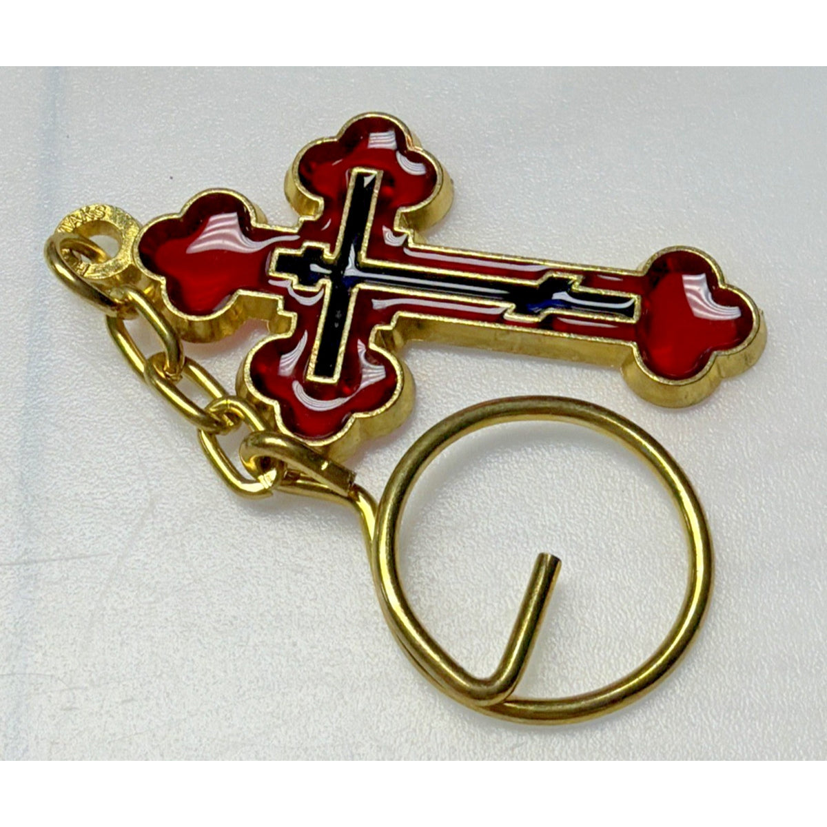 Vtg Holovaik Religious Orthodox Enamel Cross Chain Pendant Gold Tone Red Black