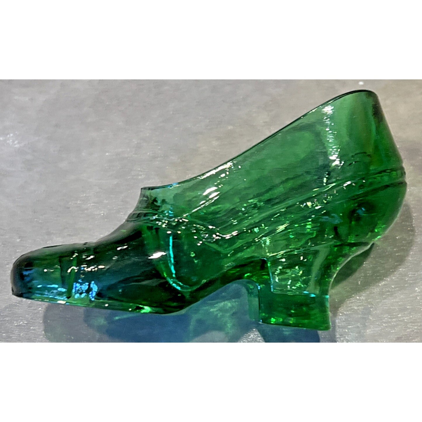 EAPG US Glass Green Ladies Shoe Novelty Ashtray Paperweight Heeled Slipper