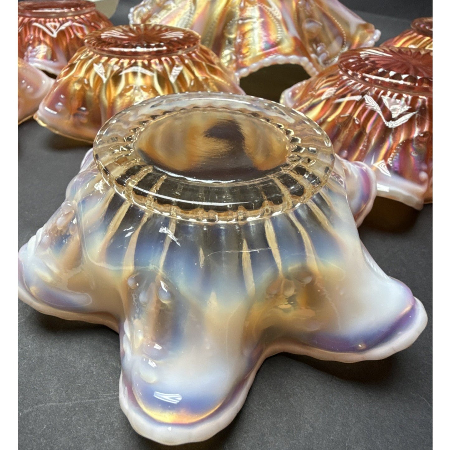 Lot of 7 Dugan Glass Peach Opal Carnival Ray Jewel Heart Master Berry Bowl As-Is