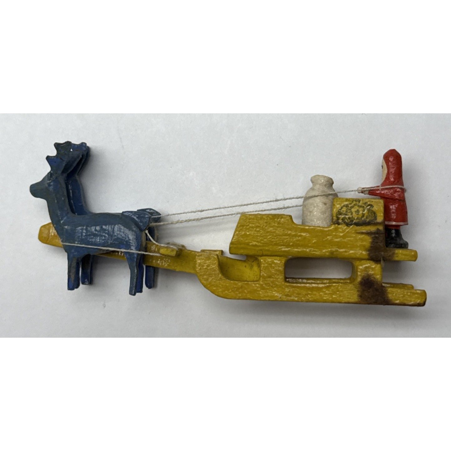 Old Erzgebirge Putz Toy Miniature Wood Santa Sleigh Reindeer Bag Christmas As-Is