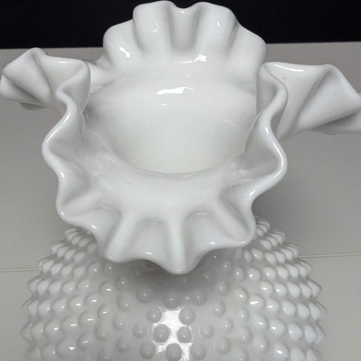 Vintage Fenton Milk Glass Vase Hobnail Ruffled Crimped Rim