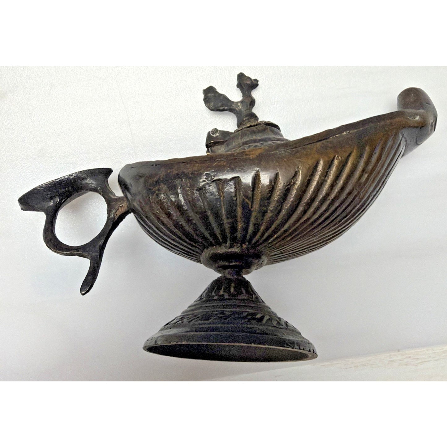 Old Bronze Brass Peacock Bird Engraved Aladdin Lamp Oil Handle As Is Read