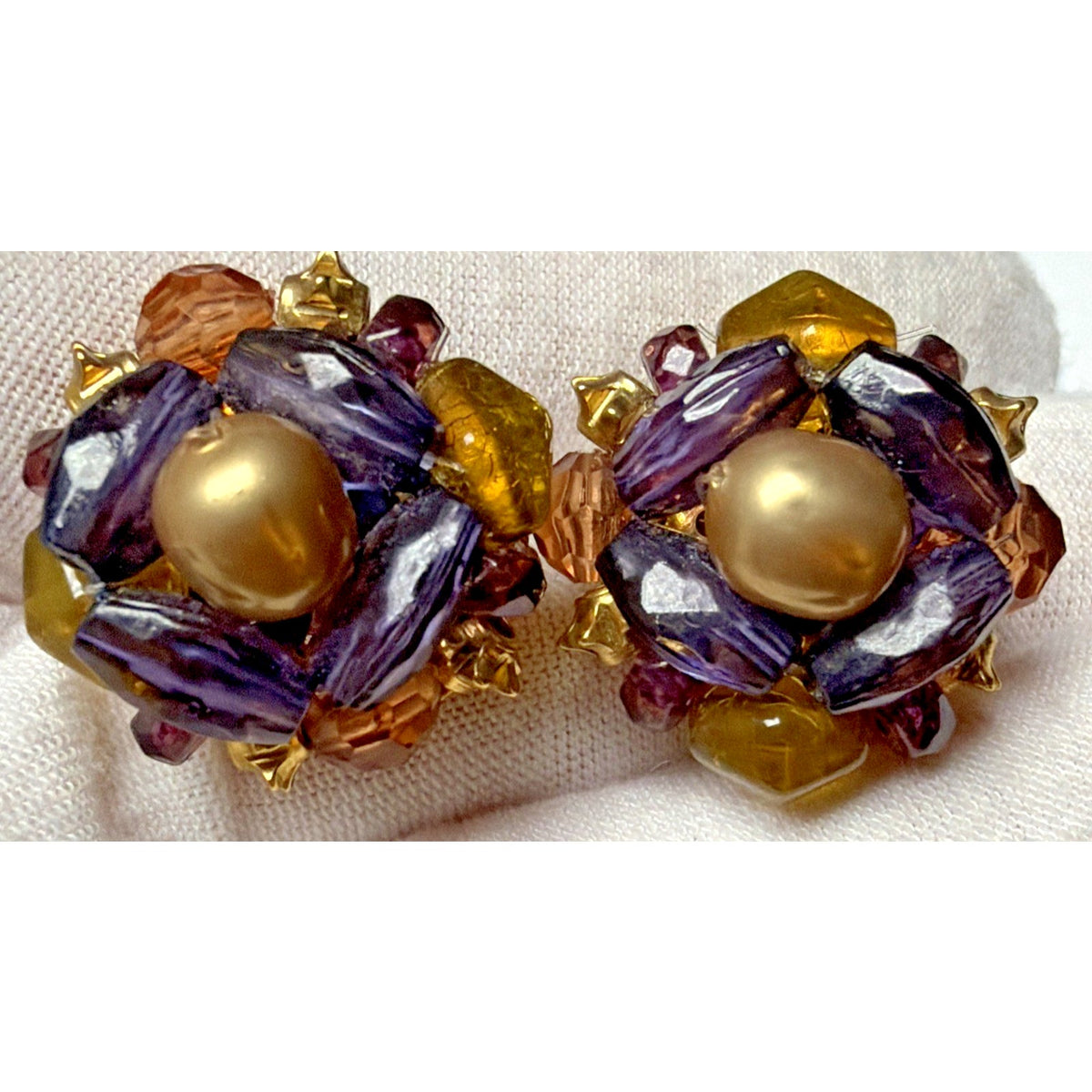 Vtg LC Liz Claiborne Omega Clip On Earrings Faux Pearl Multi Beaded Purple Gold