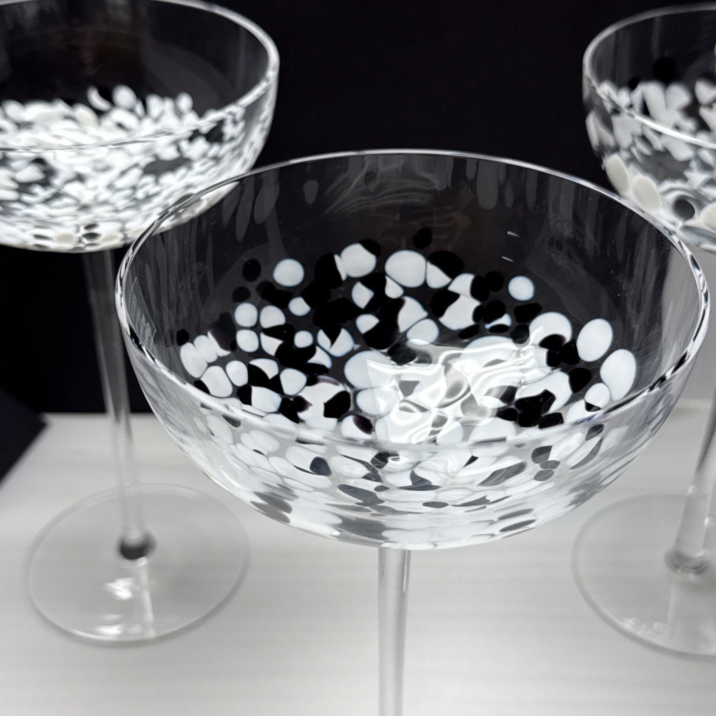 Lot of 4 Krosno Poland Long Stem Champagne Coupe Black White Mottled Marbled