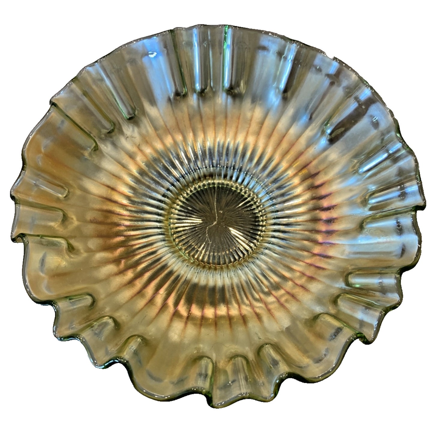 Vintage Fenton Green Carnival Glass Stippled Rays Ruffled Crimped Bowl