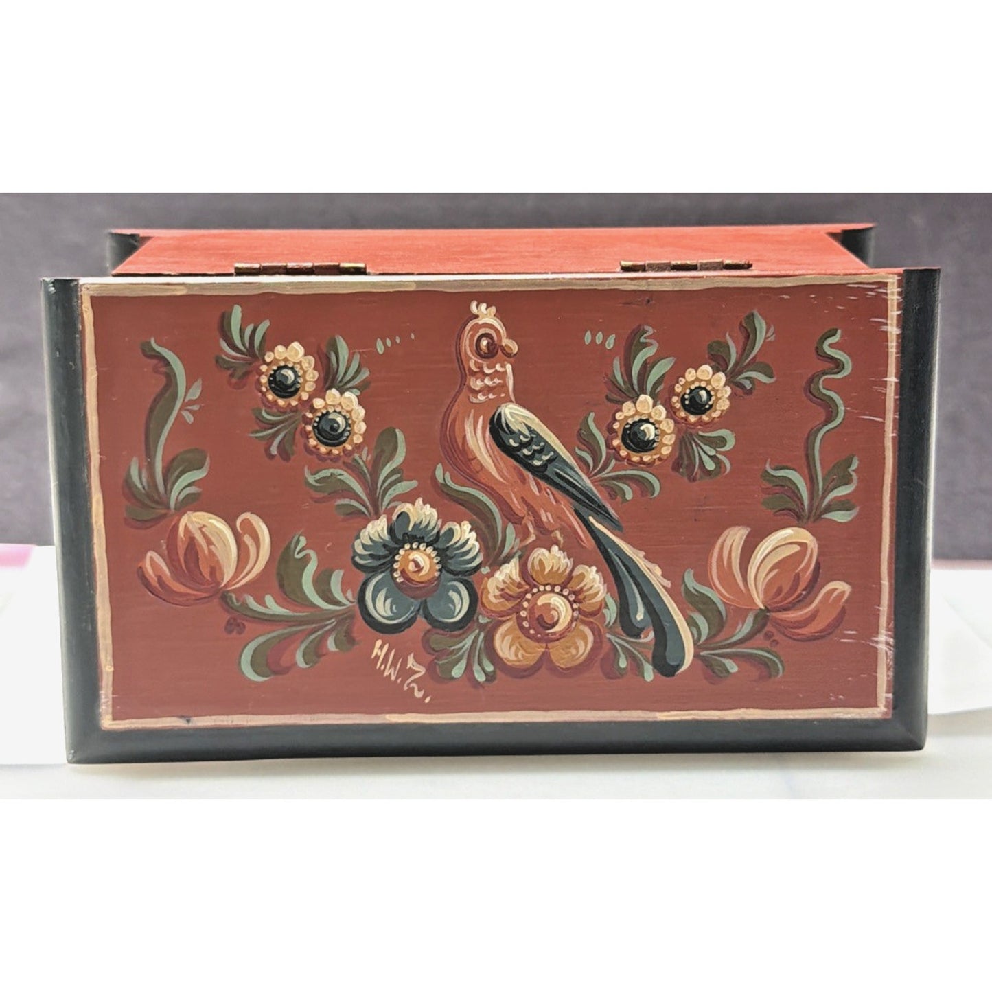 Folk Art Hindeloopen Wood Hand Painted Box Signed HW Zeed Bird Floral Hinged