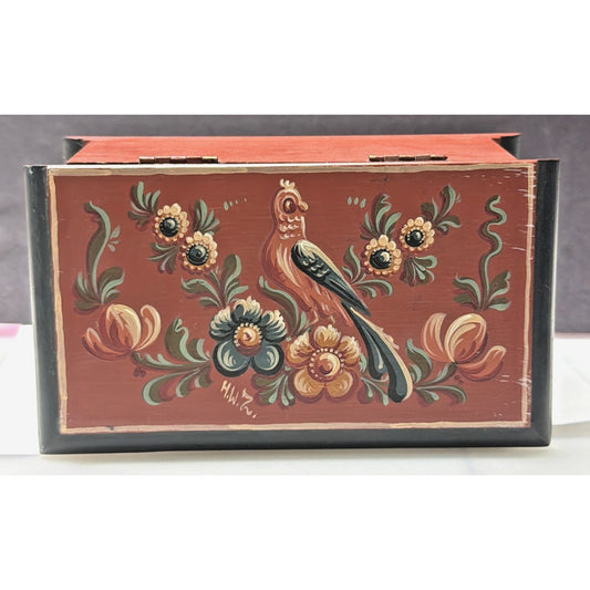 Folk Art Hindeloopen Wood Hand Painted Box Signed HW Zeed Bird Floral Hinged