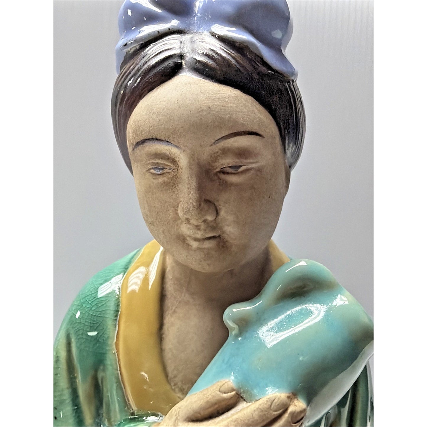 Shiwan Mudman Pottery Chinese Celadon Glazed Woman Sculpture Pitcher Bow