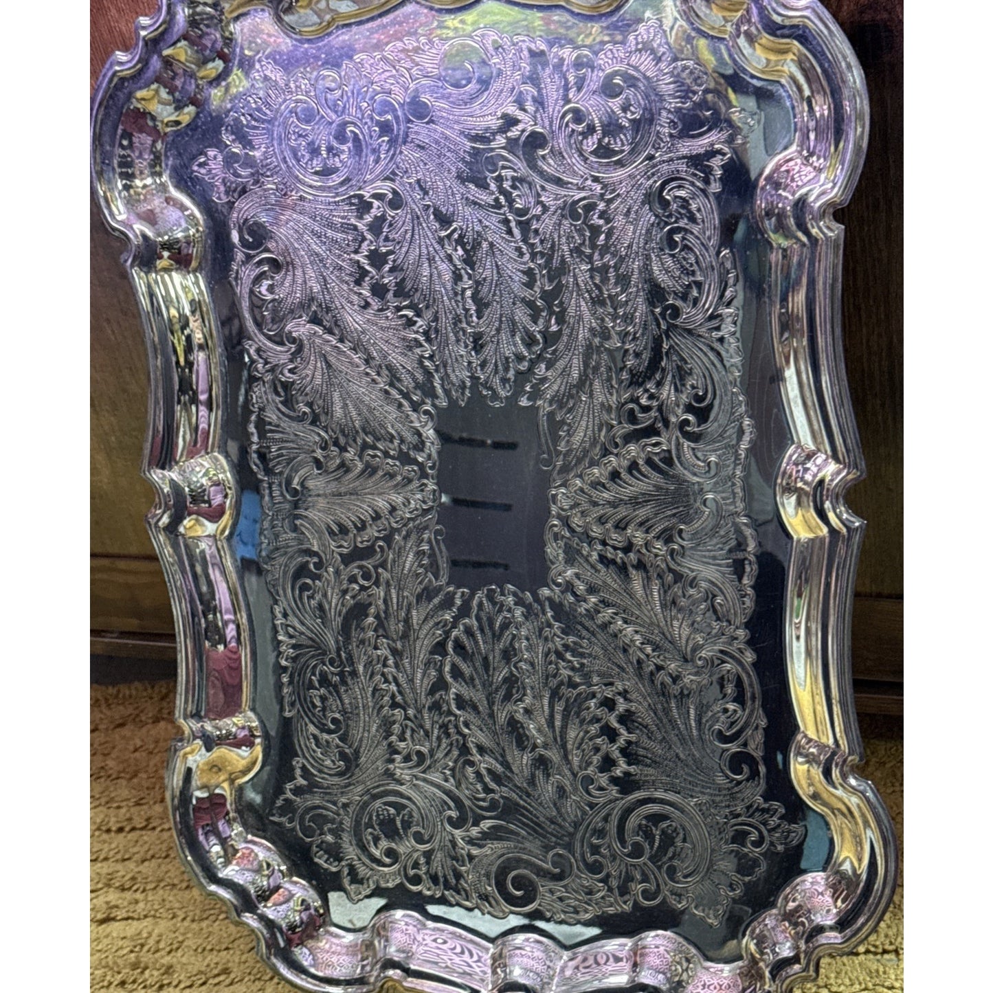 Vtg Silverplate Footed Serving Tray Butler Handles Ornate Engraved Rococo 23.5"