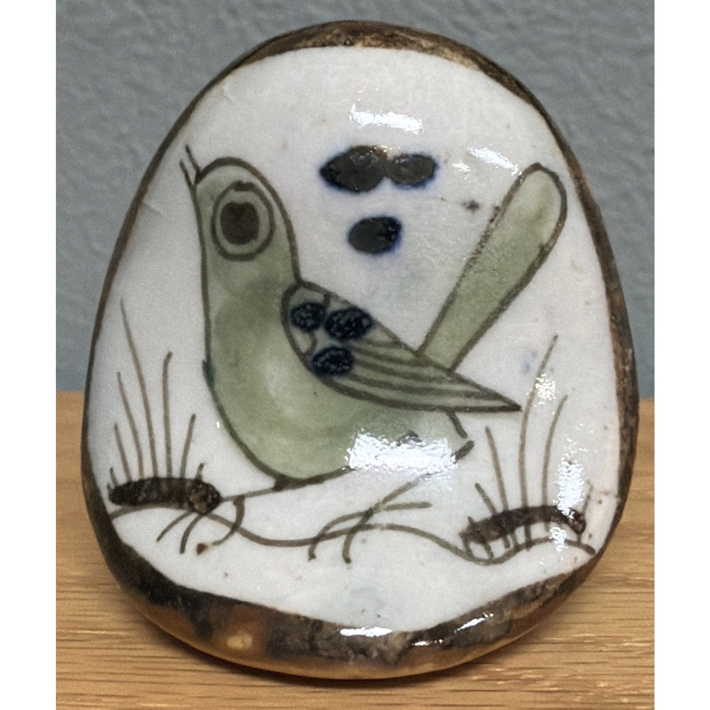 Vintage Mexican Tonala Pottery Owl Hand Painted Glazed Bird Green As Is