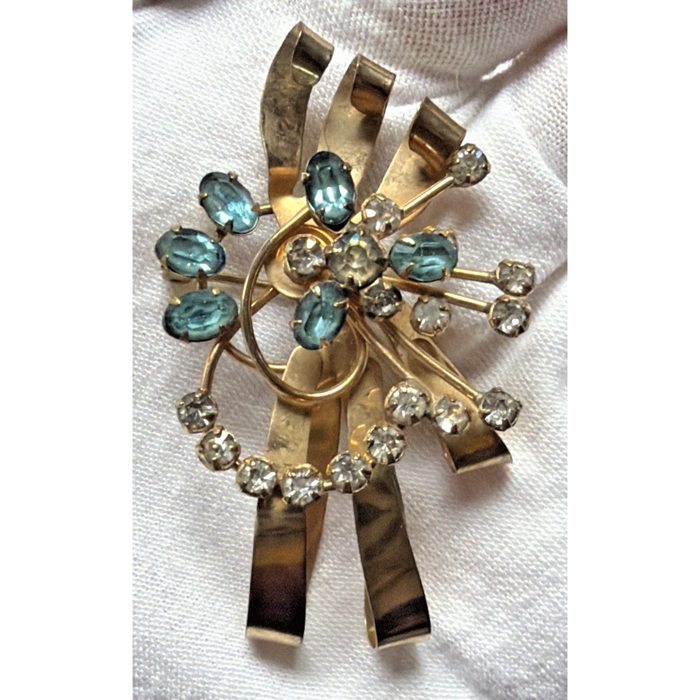 Vintage 1/20 10k Gold Filled Floral Spray Ribbon Pendant Brooch Aqua Rhinestone