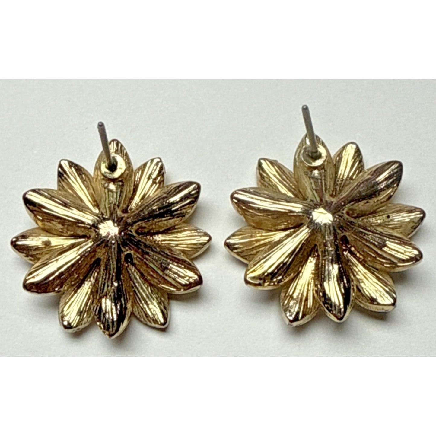 Vintage Gold Metal Flower Shaped Rhinestone Earrings Faux Diamond Wedding