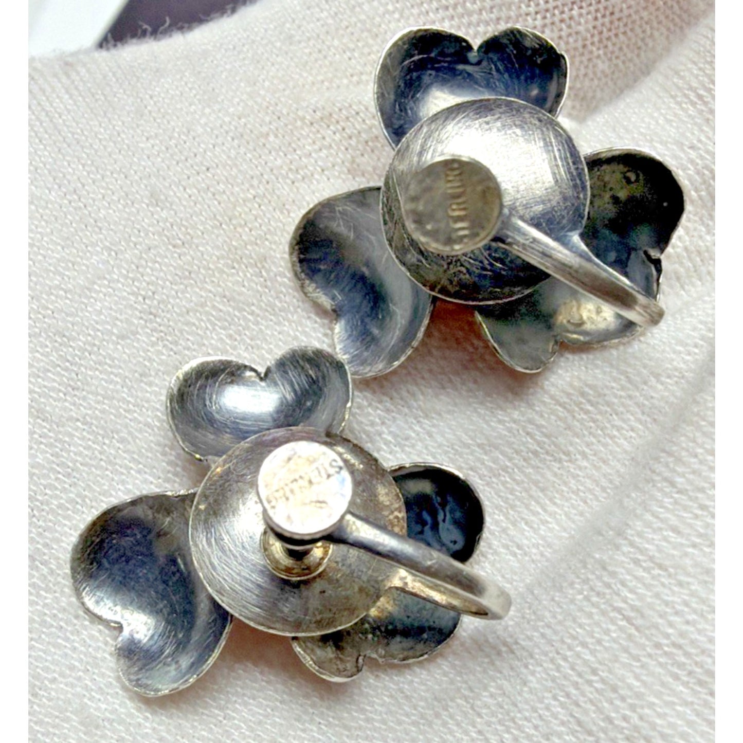Vintage Sterling Silver Detailed Rose Rosette Flower Screw Back Earrings