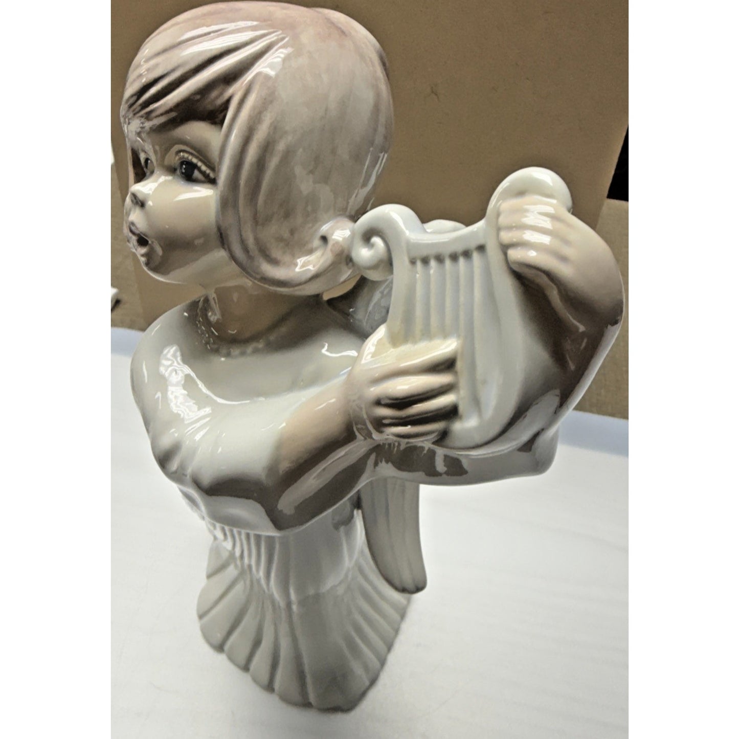 Vintage Atlantic Mold Ceramic Angel Playing Harp Hand Painted Glazed Large As Is