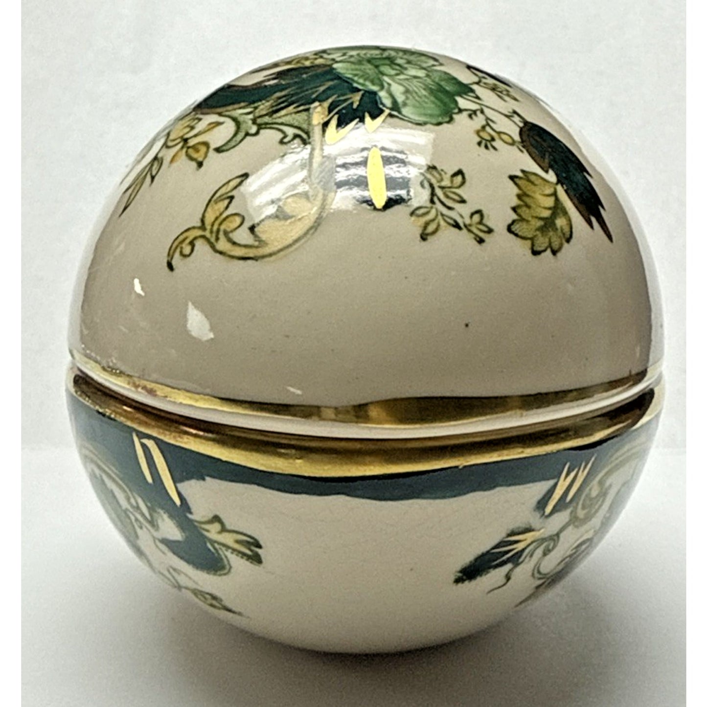 Vintage Mason’s Ironstone Chartreuse Green Egg Trinket Box Gold Floral