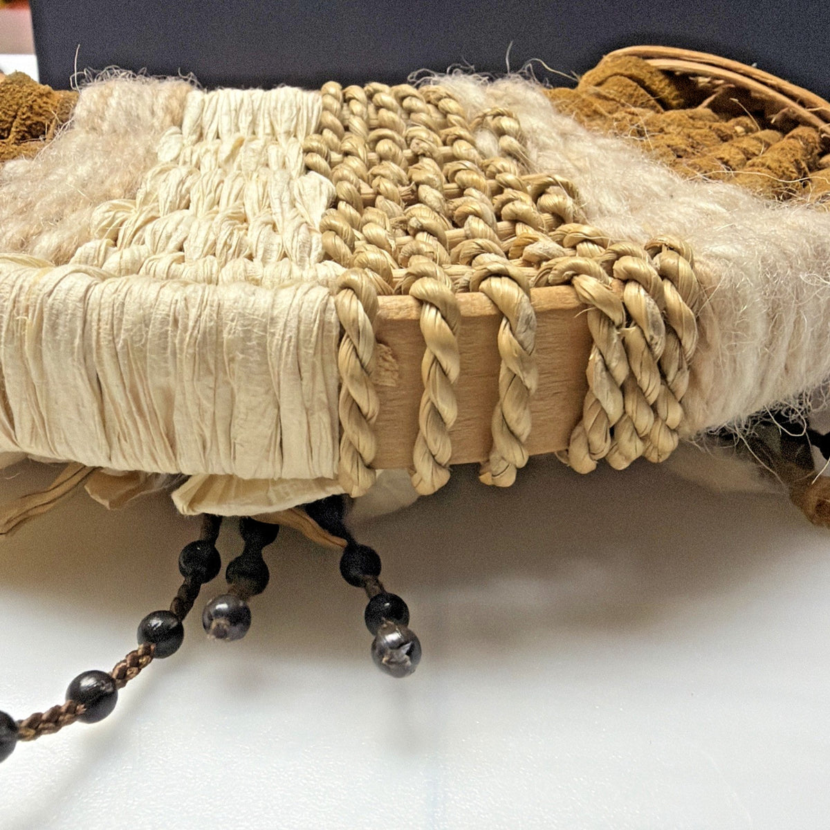 Vtg Hand Woven Basket Splint Wood Gods Eye Hanging Leather Beaded Flower As Is