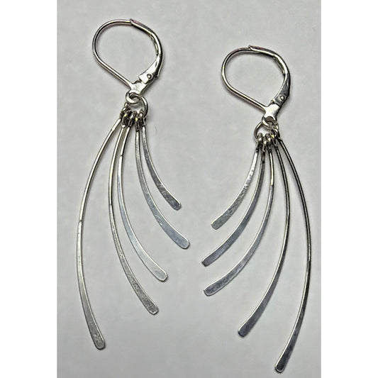 Vintage Sterling Silver Fan Fringe Feather Dangle Hinged Hook Earrings