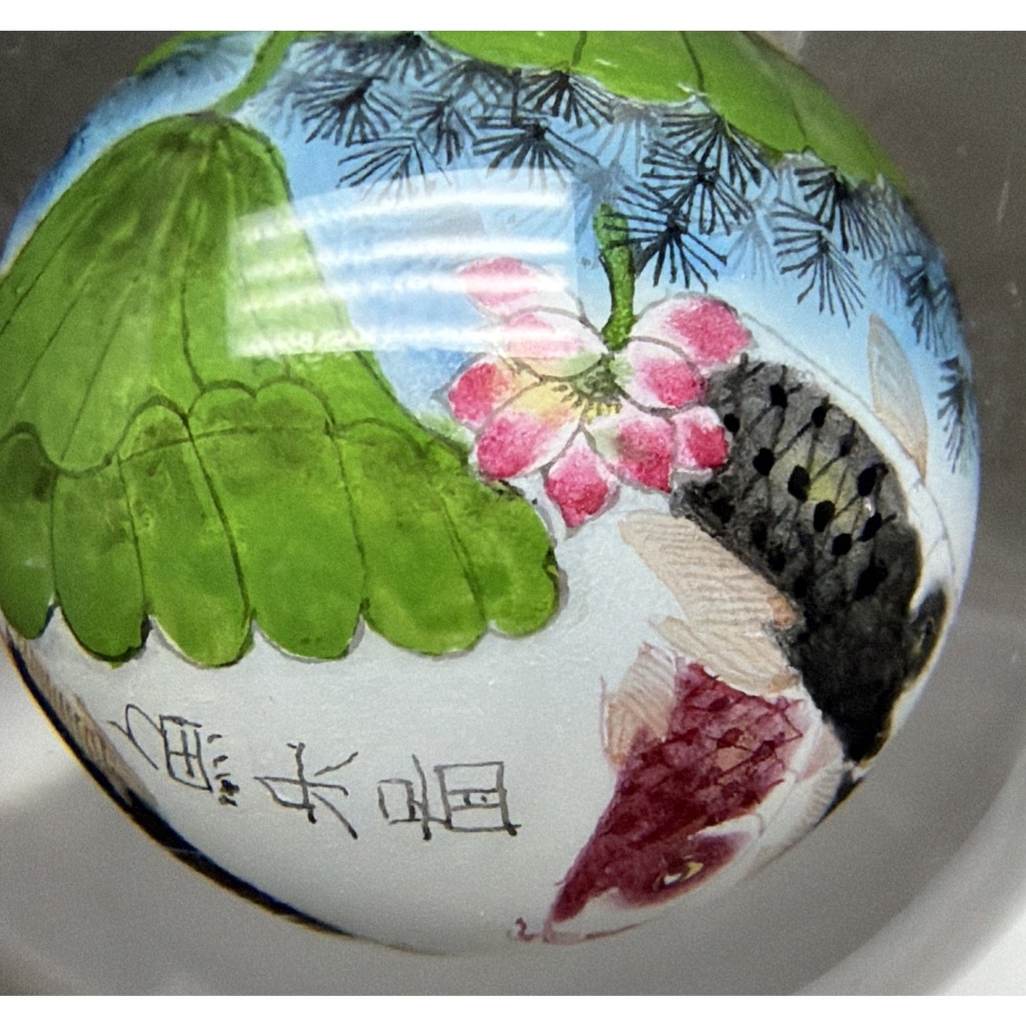 Vtg Asian Reverse Painted Glass Ball Paperweight Fish Lotus Tree Plenty of Fish