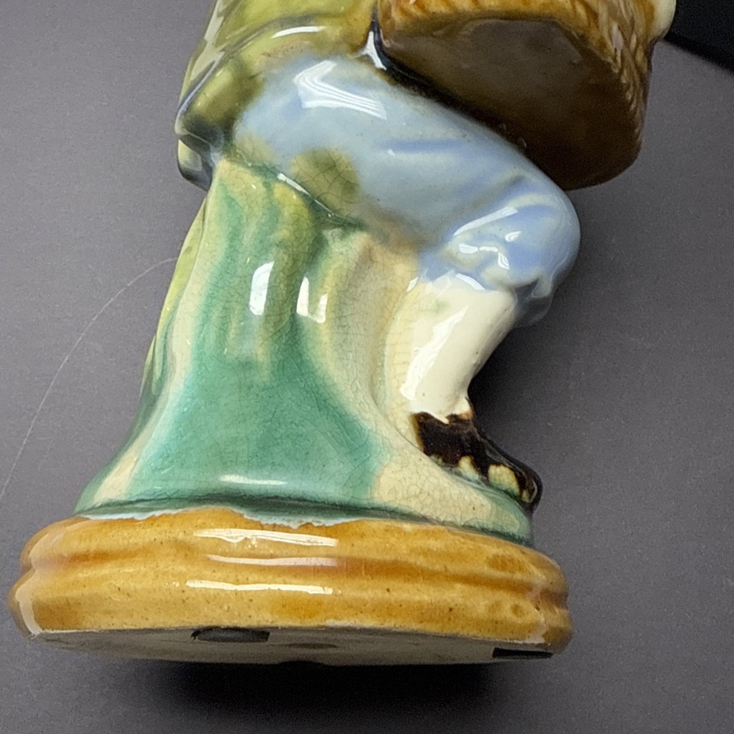 Vintage Majolica Pottery Glazed Crackle Man Holding Basket Sitting Signed As Is