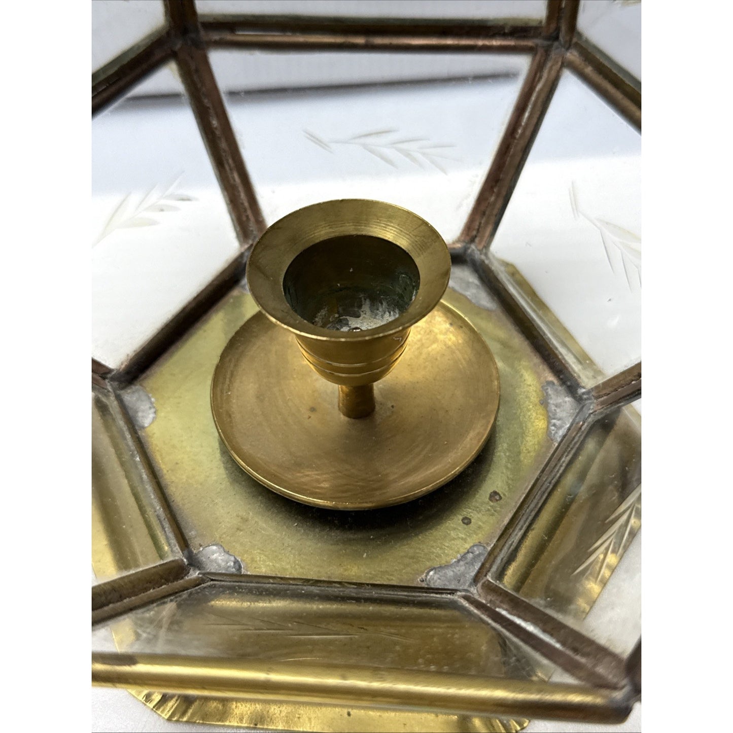 Vintage Yuksel Lambalari Turkish Shepard Brass Candle Lantern Lamp Etched Glass