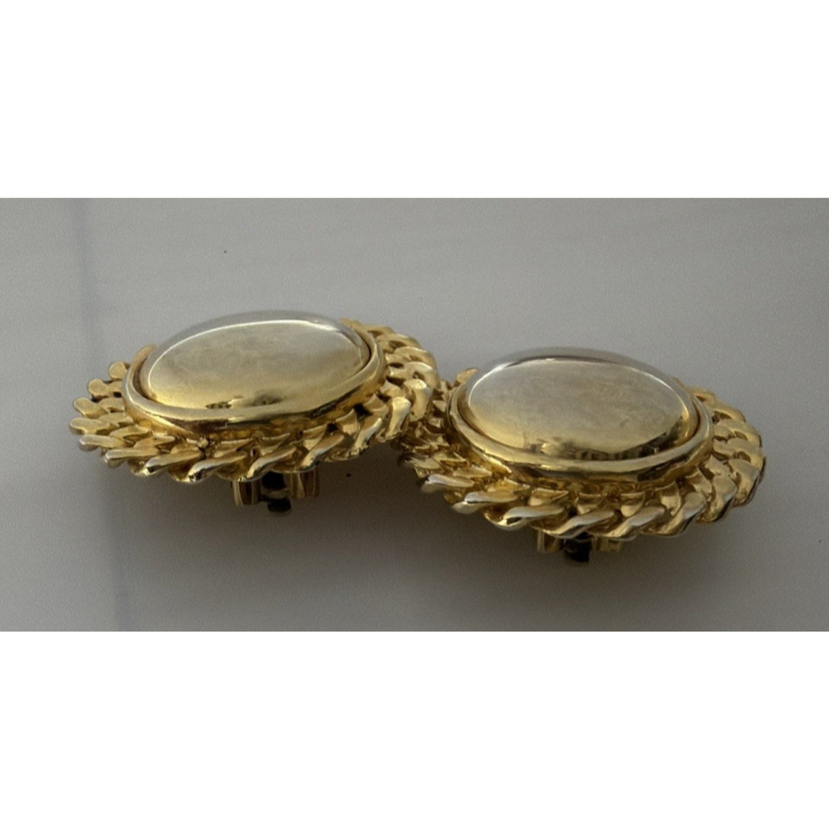 Vintage Button Dome Earrings Gold Tone Round Curb Chain Braided Border Clip On