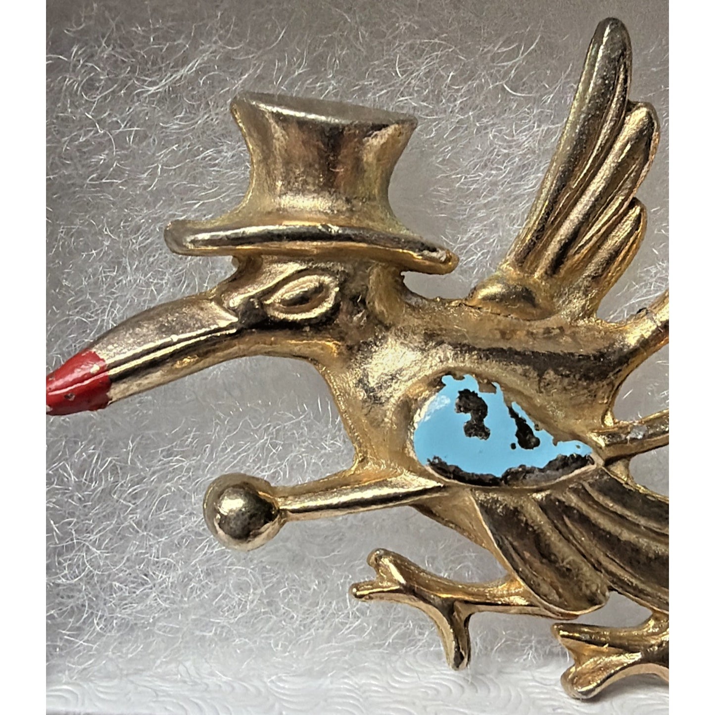 Vintage Roadrunner Natty Bird Pin Brooch Stork Gold Tone Enamel Top Hat Cane