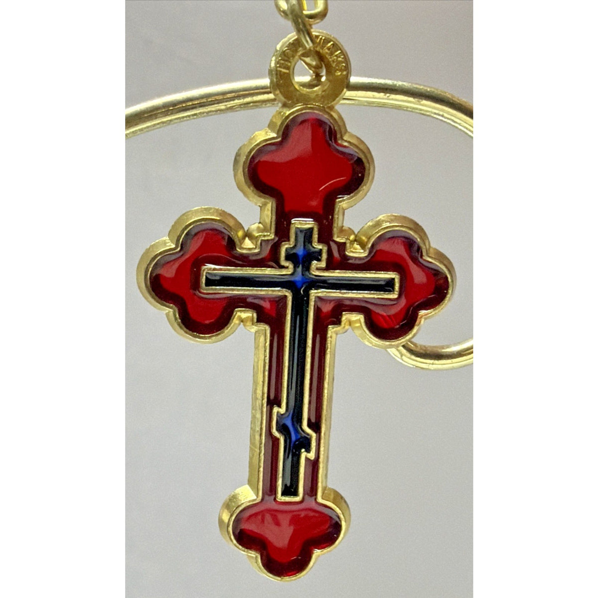 Vtg Holovaik Religious Orthodox Enamel Cross Chain Pendant Gold Tone Red Black