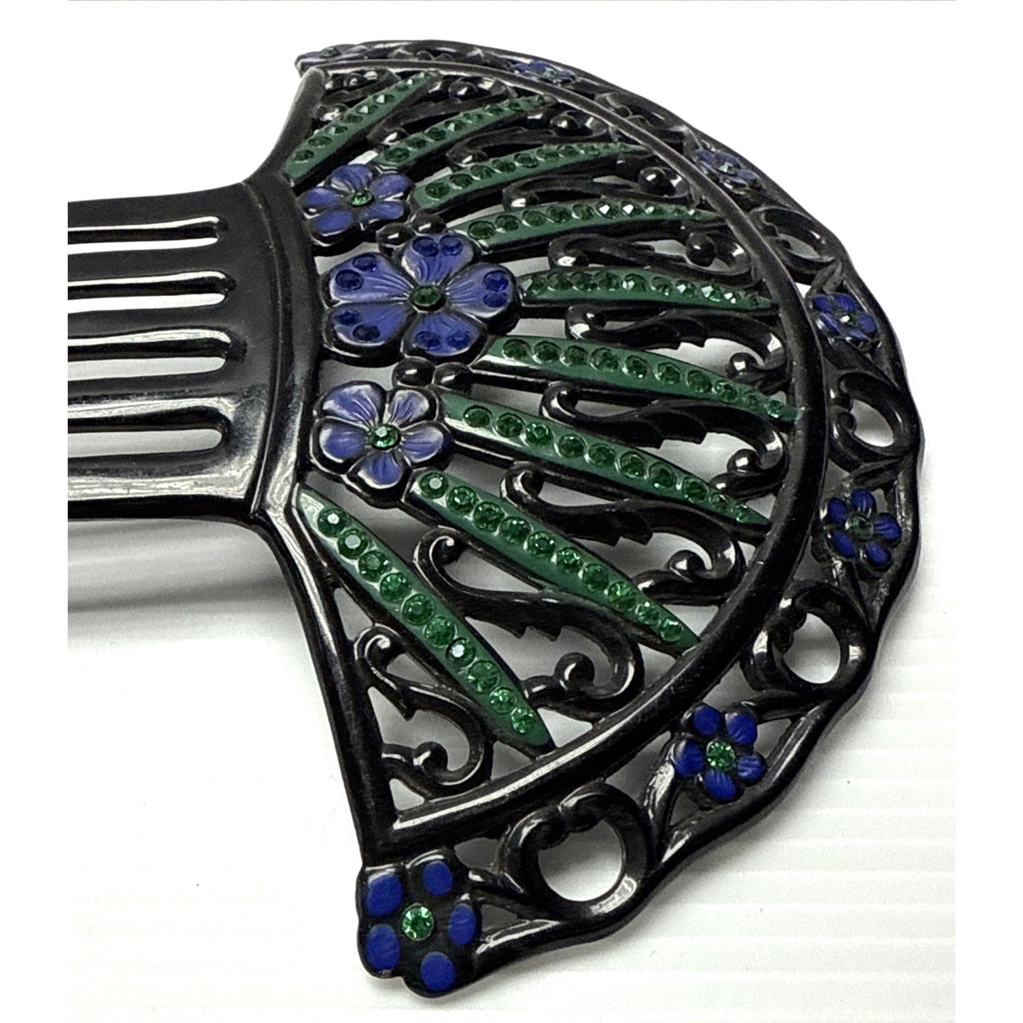 Art Deco Large Fan Shape Hair Comb Black Celluloid Rhinestone Flower Blue Green