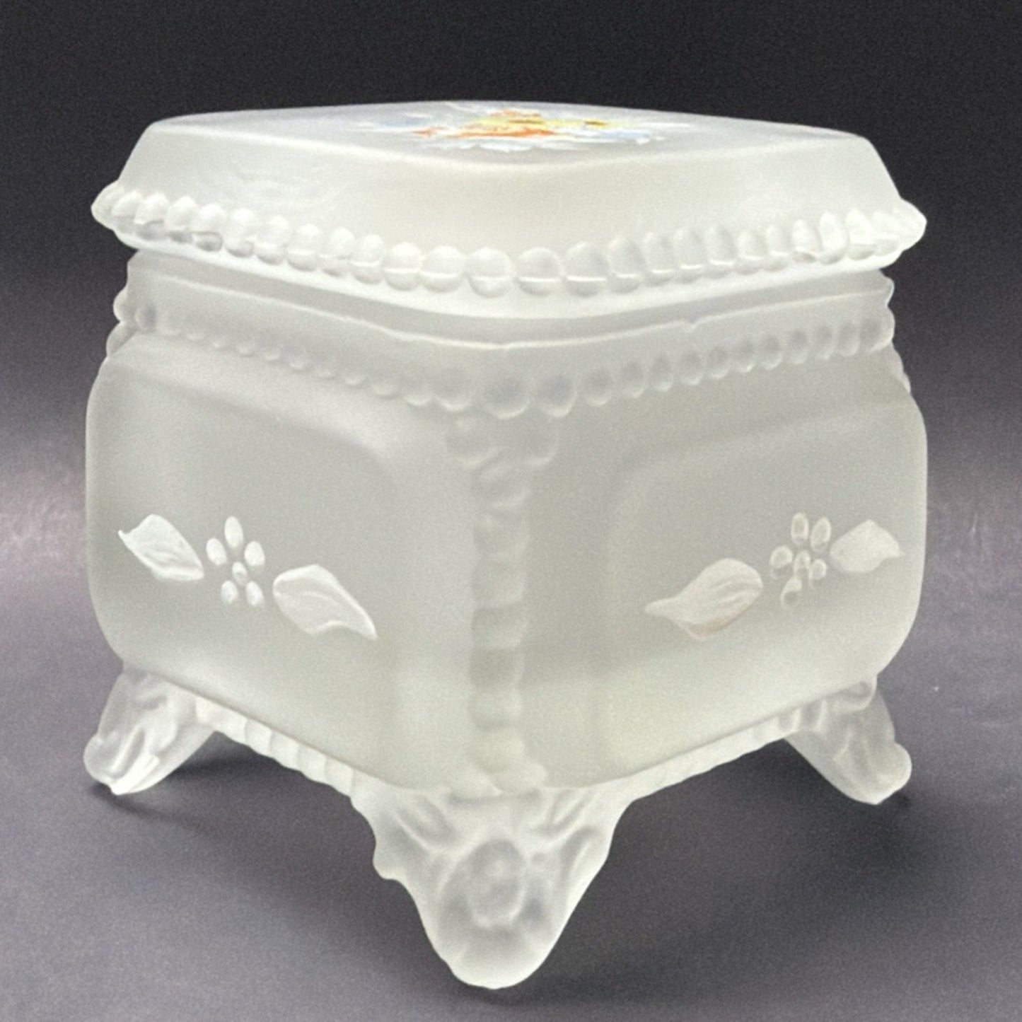 Vtg Westmoreland Frosted Satin Glass Beaded Rim Trinket Vanity Box Hand Painted