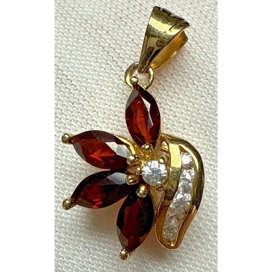 Vintage 10k Gold Plated Flower Cluster Pendant Charm Ruby Garnet Crystal As-Is