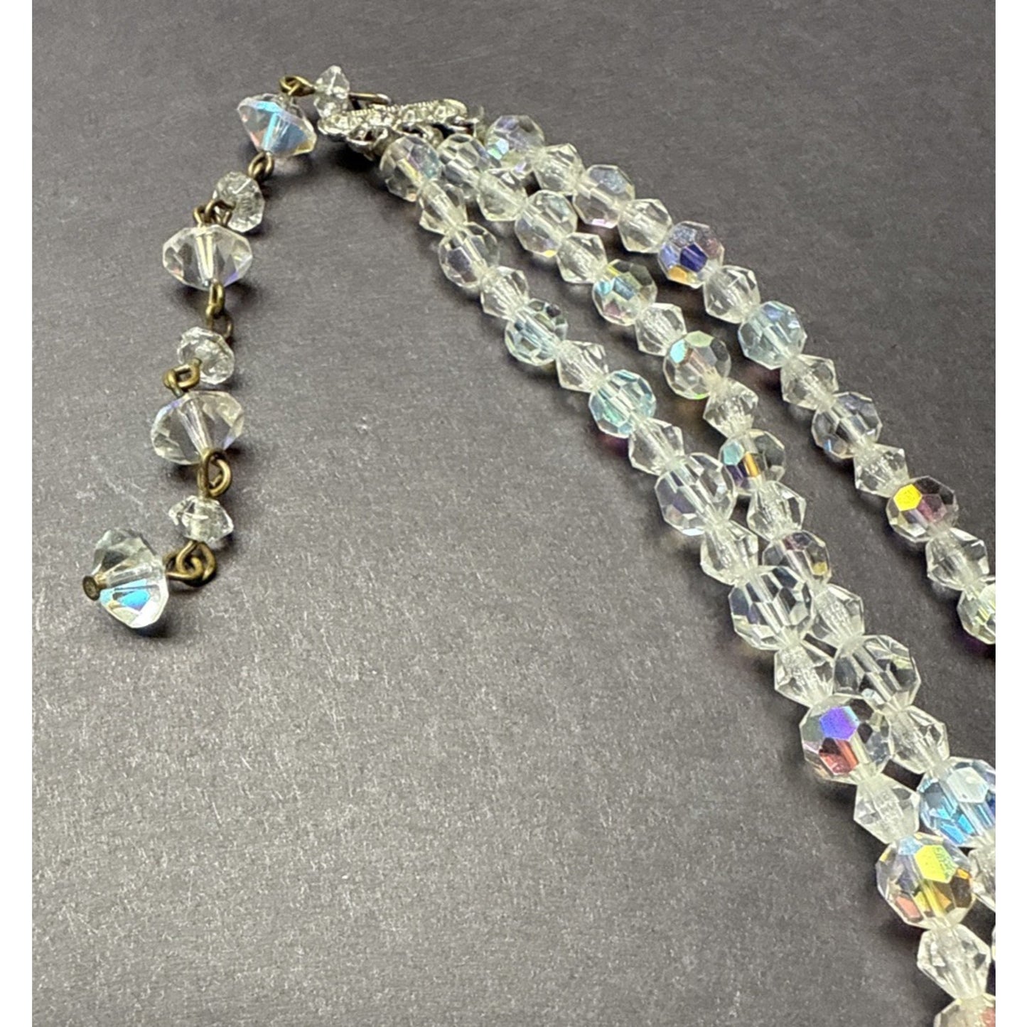 Vintage Triple Strand Necklace Aurora Borealis Crystal Faceted 13" Adjustable