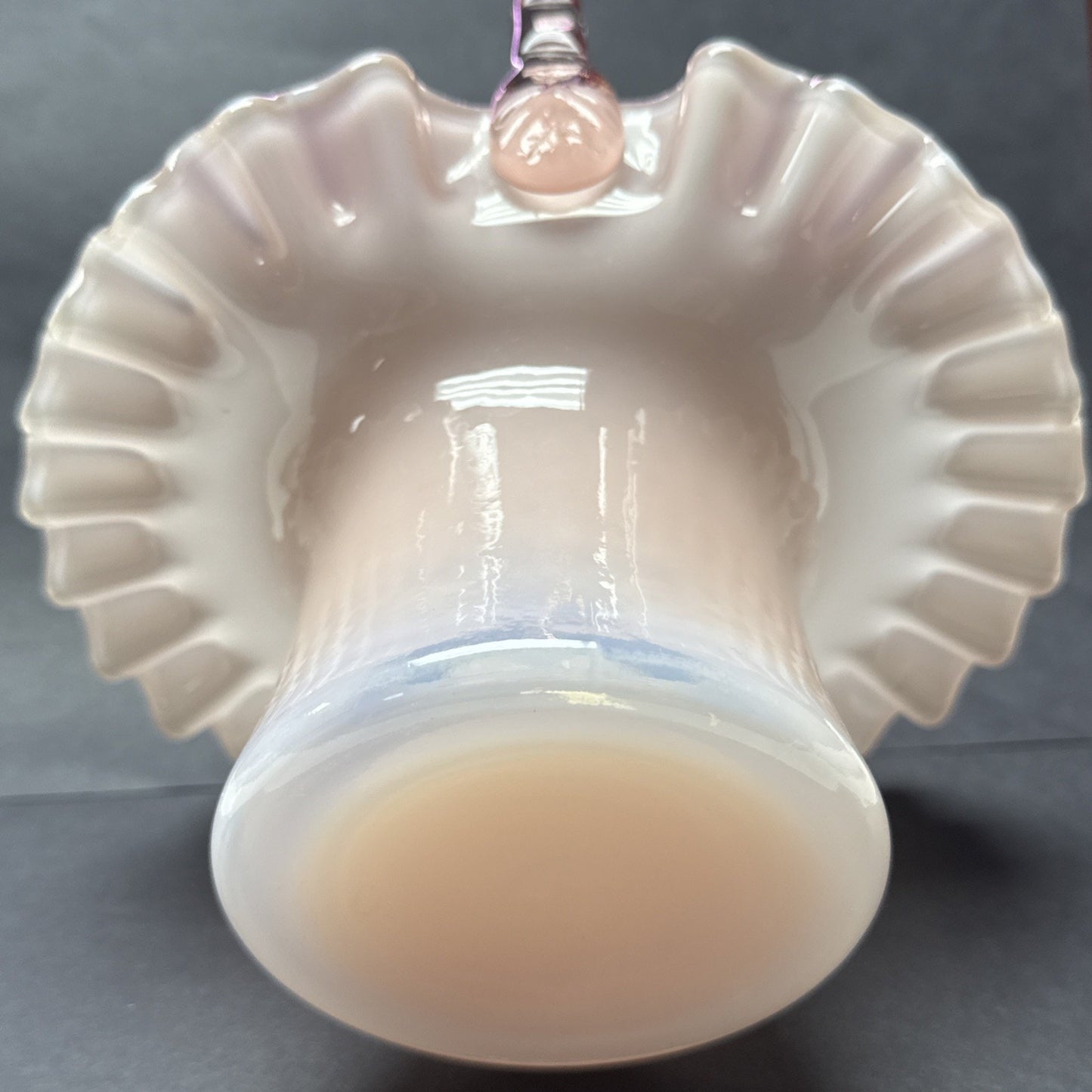 Vtg Fenton Glass Pink Overlay Basket Crimped Bamboo Handle Ruffle Edge As-Is