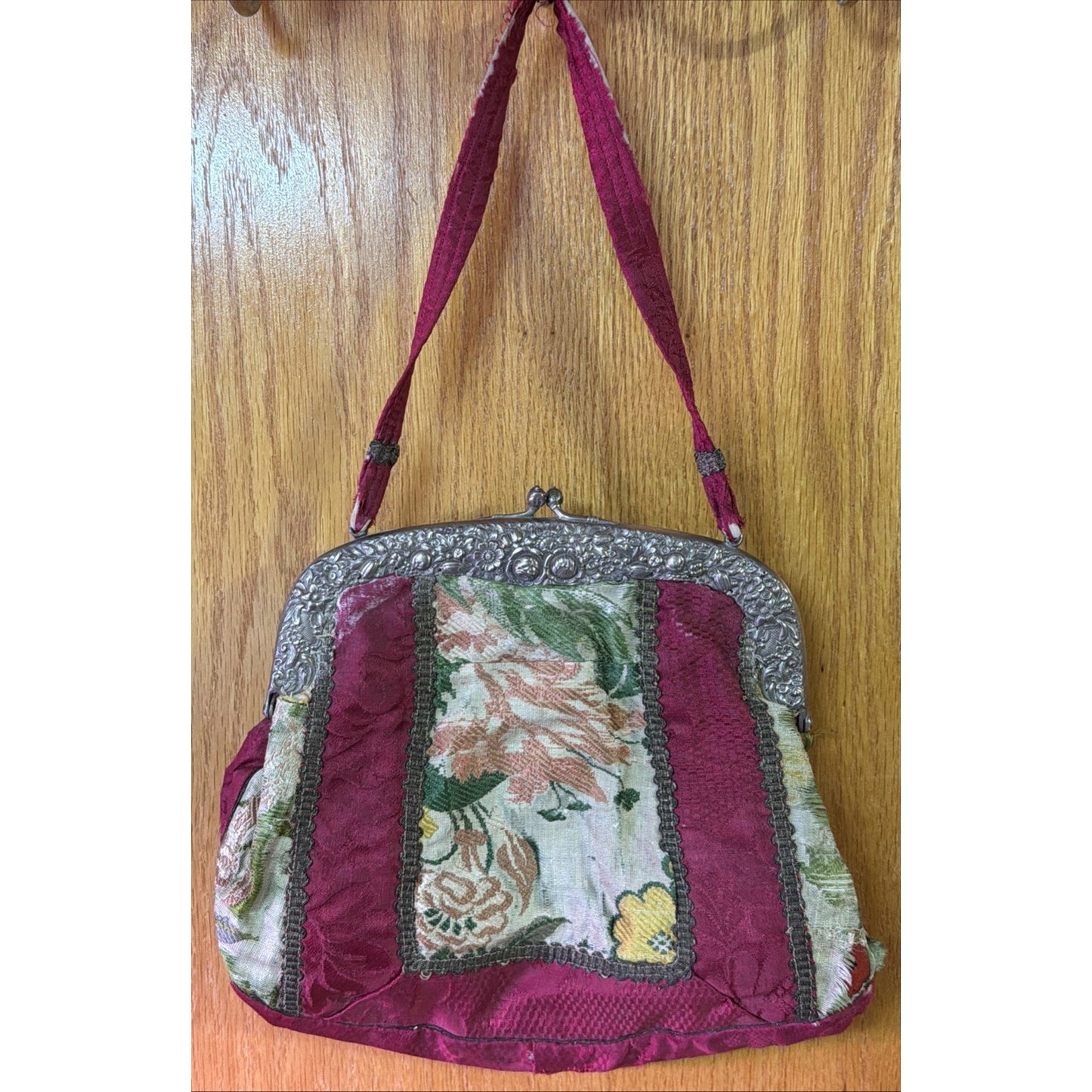 Antique Repousse Metal Frame Tapestry Needlepoint Evening Bag Silk Lined As Is