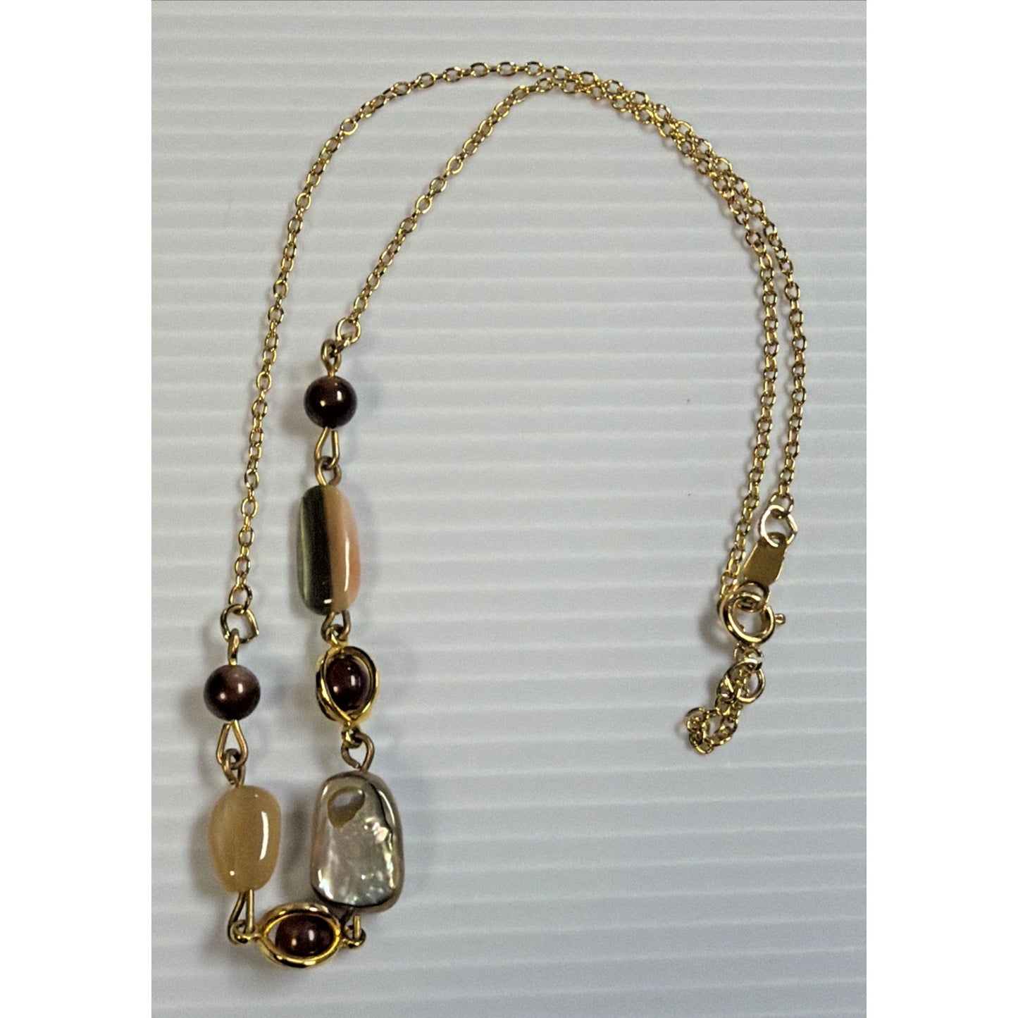 Vintage Multi Stone Necklace Gold Tone Agate Mother of Pearl Shell