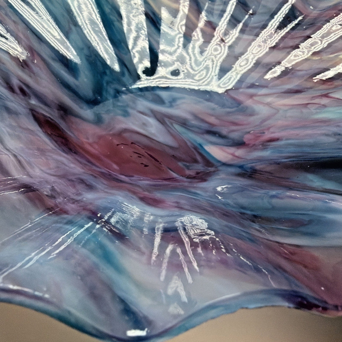 Vintage Ken Sprankle Stained Art Glass Crimped Edge Bowl Marbled Abstract As Is