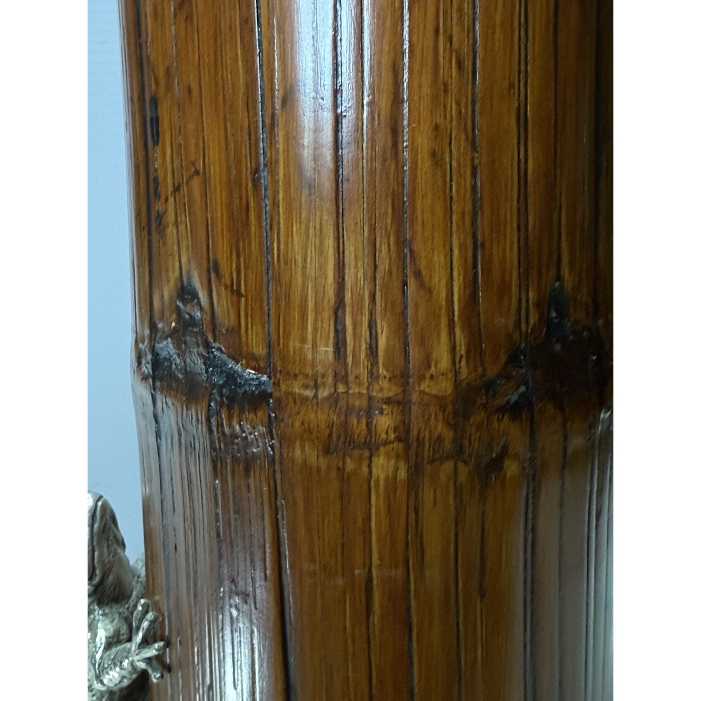 Old Japanese Bamboo Wood Vase Silvered Frog Grass Enameled Butterfly Large Read