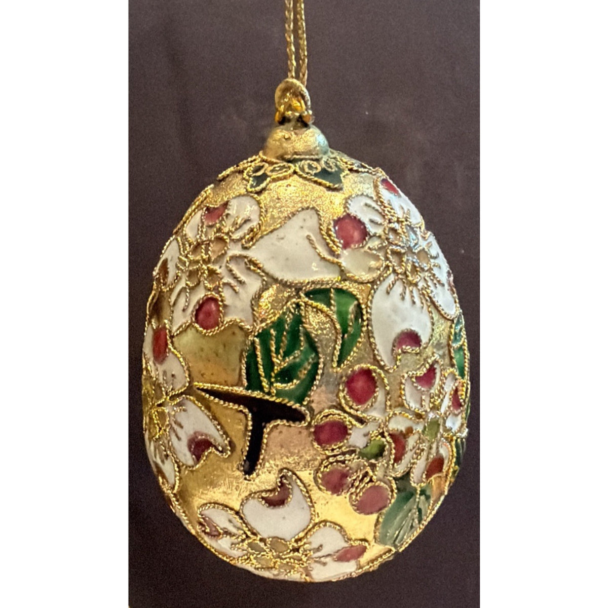 Vintage Enamel Cloisonné Egg Ornament Floral White Gold As Is