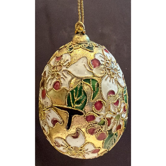 Vintage Enamel Cloisonné Egg Ornament Floral White Gold As Is