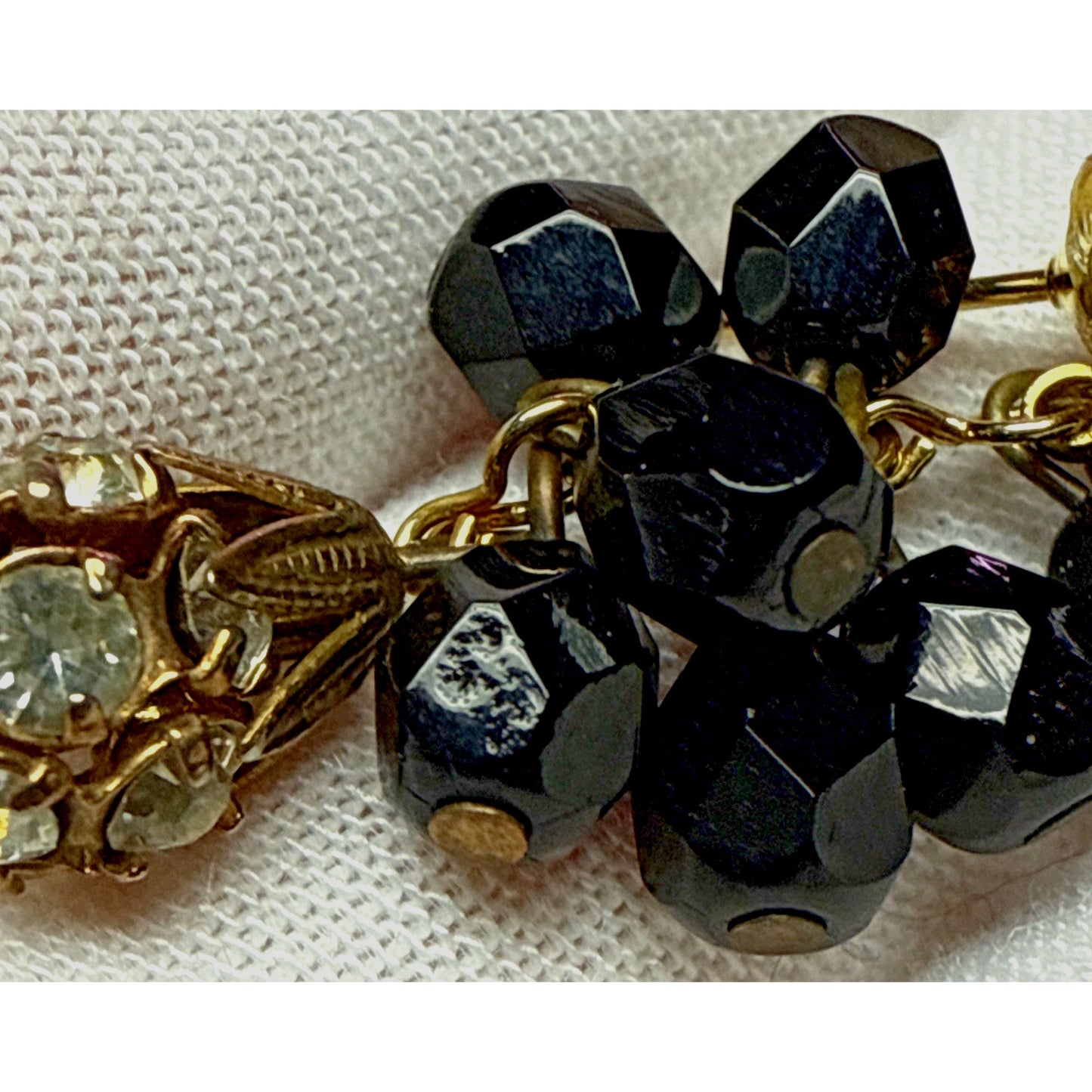 Vtg Black Faceted Glass Cluster Dangle Drop Earrings Disco Ball Rhinestone As-Is
