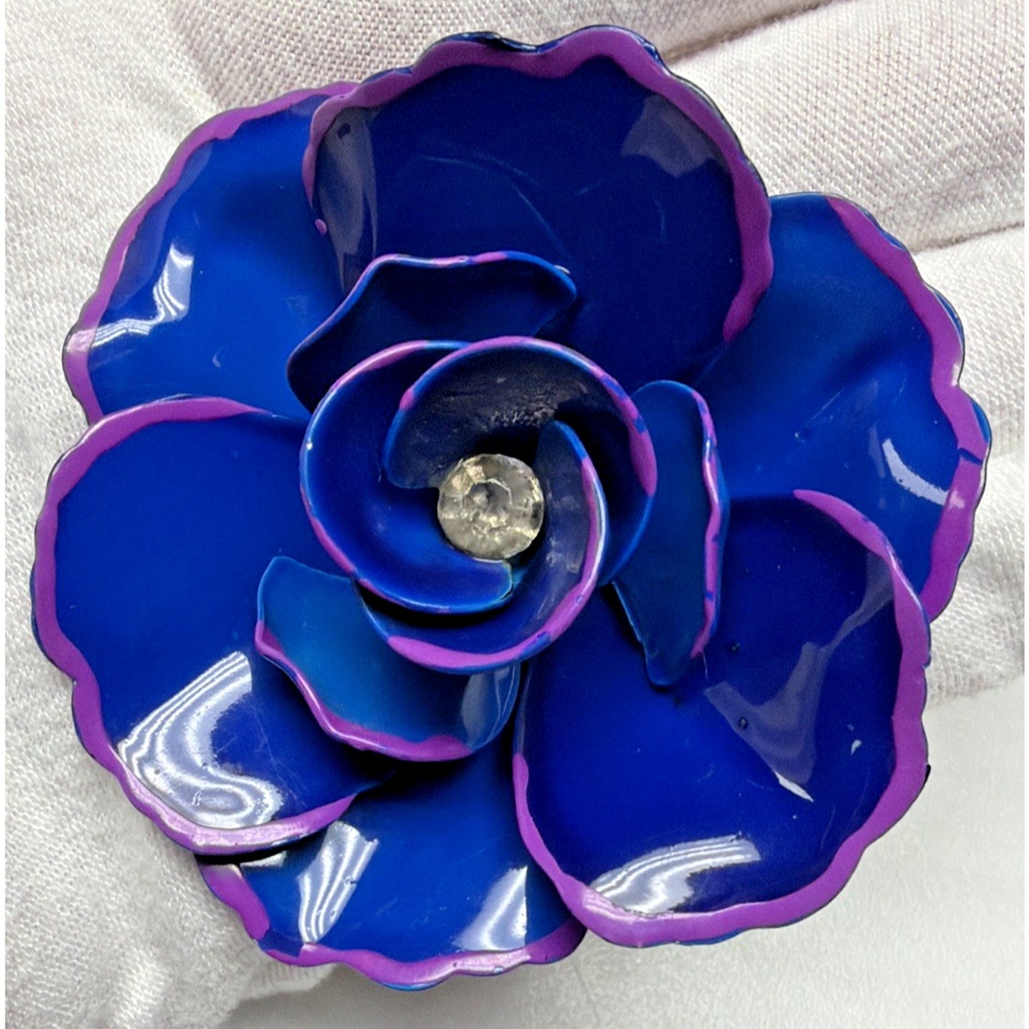 Vintage Blue Metal Purple Enamel Flower Bloom Pin Brooch Large