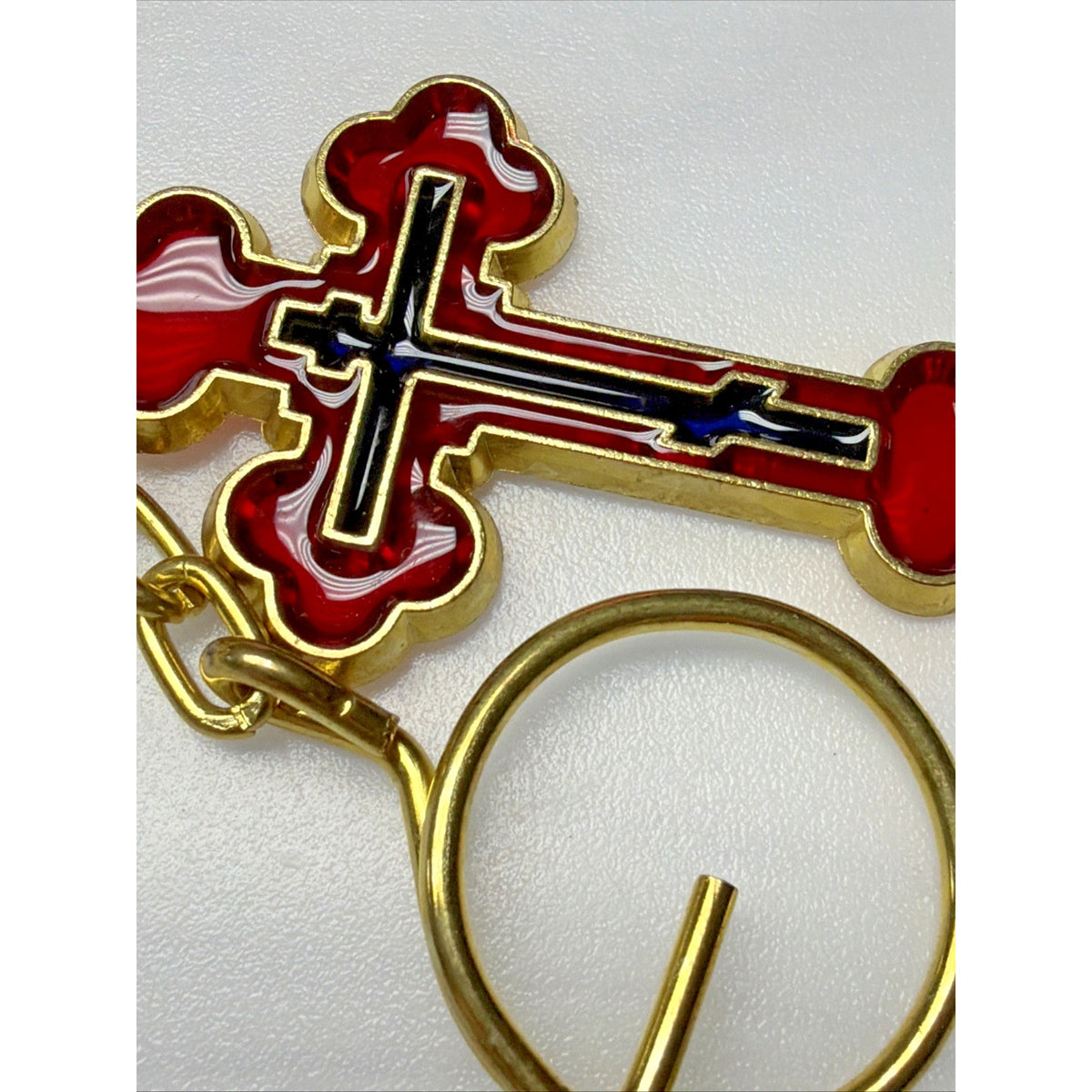 Vtg Holovaik Religious Orthodox Enamel Cross Chain Pendant Gold Tone Red Black