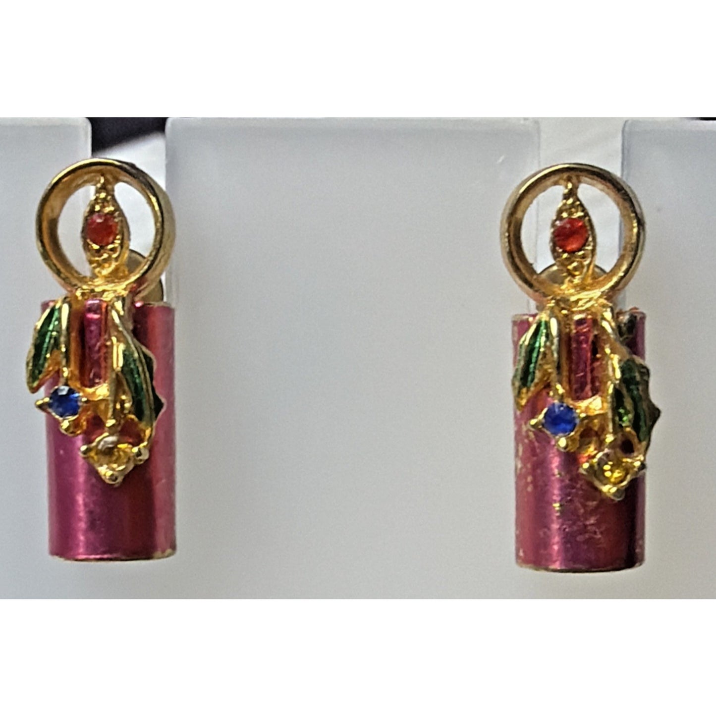 Vintage Enamel Rhinestone Candlestick Candle Earrings Pink Gold Tone