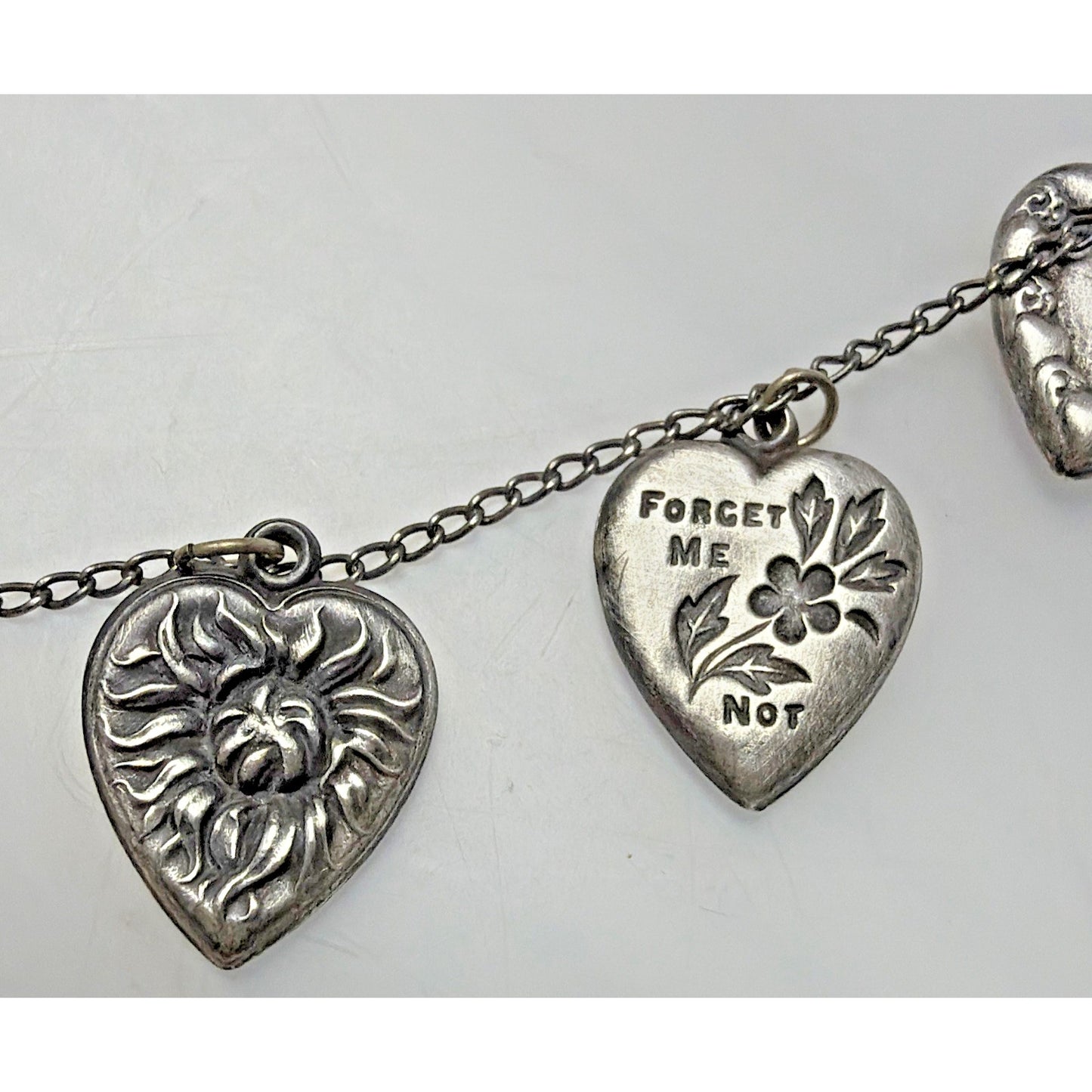 Antique Sterling Silver Puffy Heart Charms Necklace Enamel Gemstone Emboss As Is