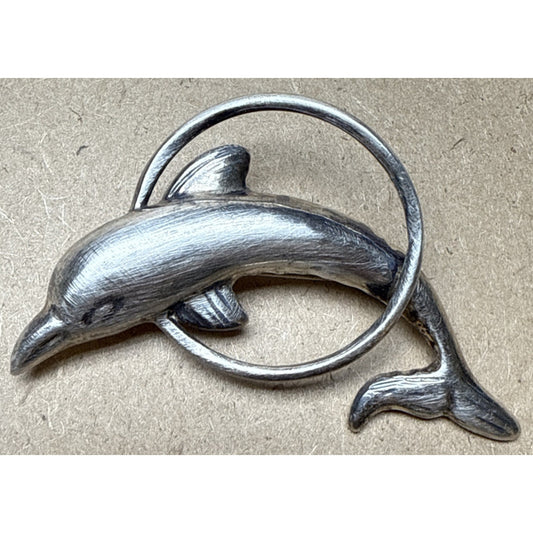 Vintage GSJ Sterling Silver 925 Dolphin Brooch Pin Hoop Trick Large As-Is